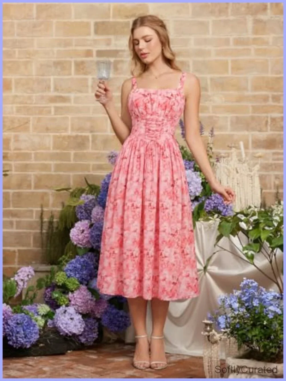 Sleeveless Lace Up Corset Waist Floral Maxi Dress with Pockets